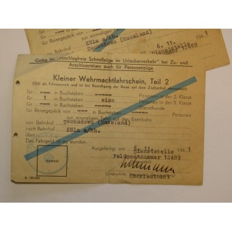 Wehrmacht soldiers ticket to the train from Wolchow front to home in Köln. Espenlaub militaria